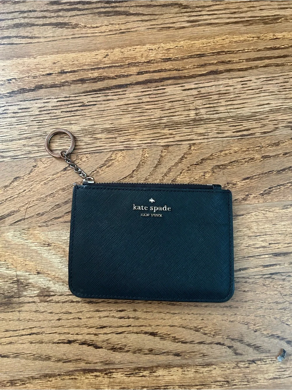 kate spade Black Saffiano Leather Zip Card Case with Key Ring - Gold Hardware